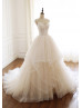 Tie Straps Lace Tulle Cascading Ruffles Classy Wedding Dress